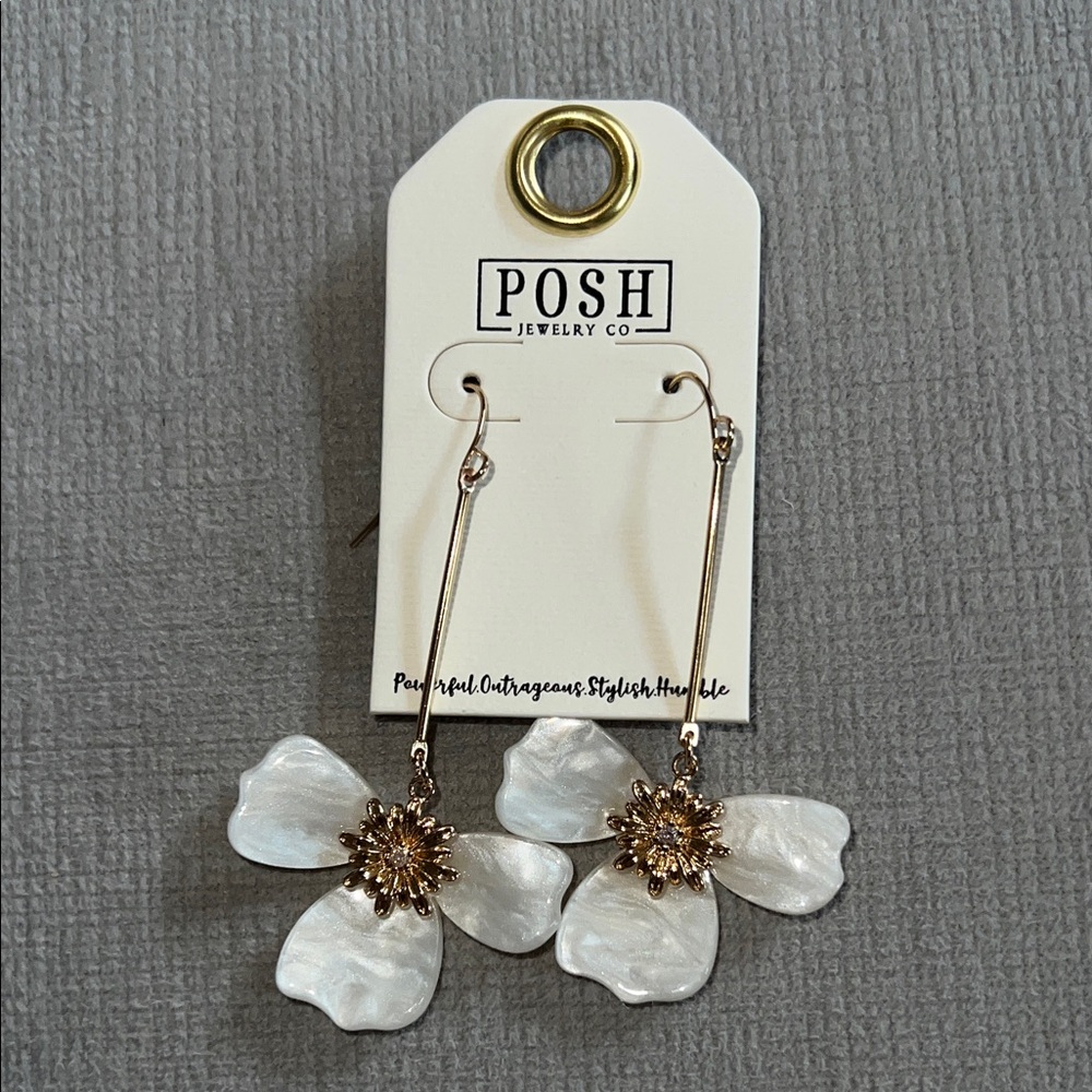 POSH White Pearl Floral Drop Earrings with Gold Centers